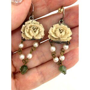 Victorian Vintage Earrings Roses Pearls Dangling French Hooks Handmade Beige